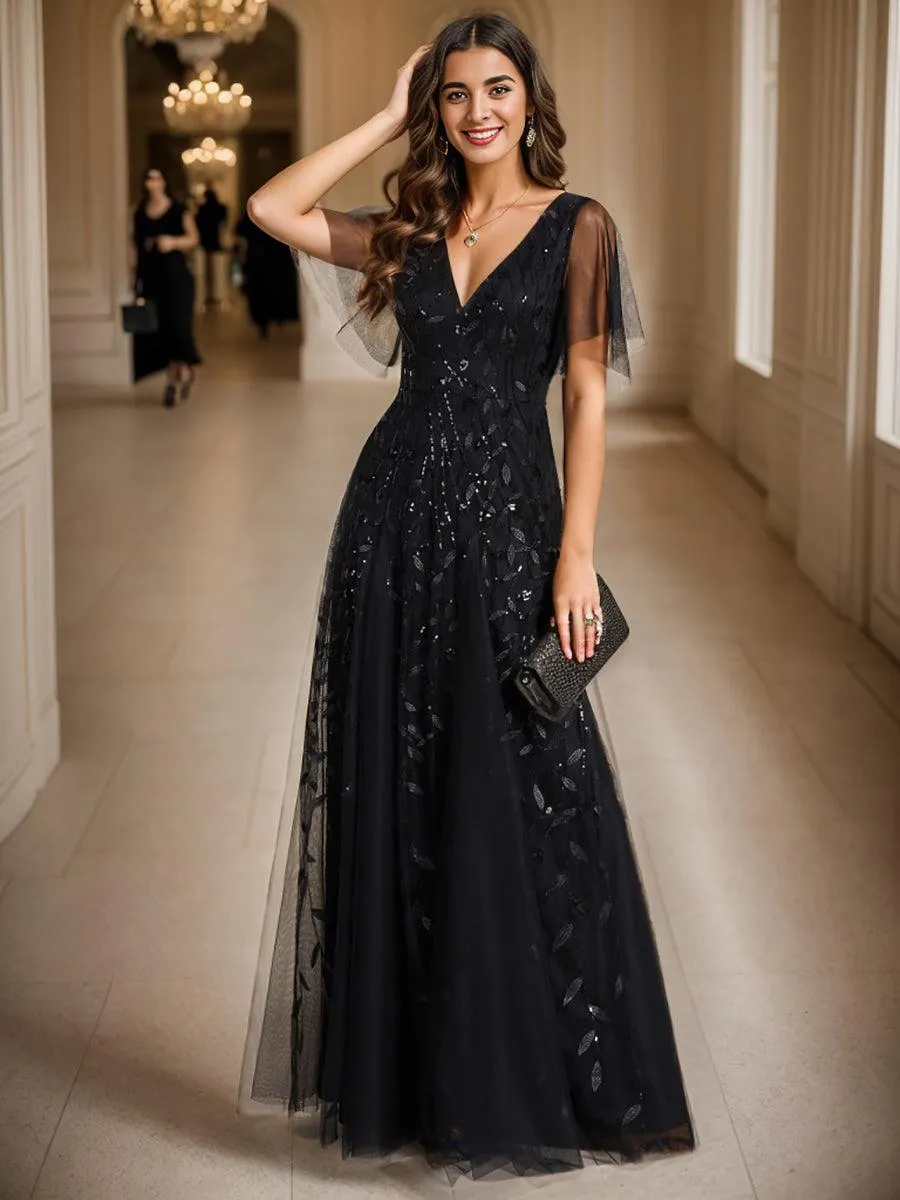 Robe de Soirée Longue Romantique et Scintillante à Col V et Pailletes