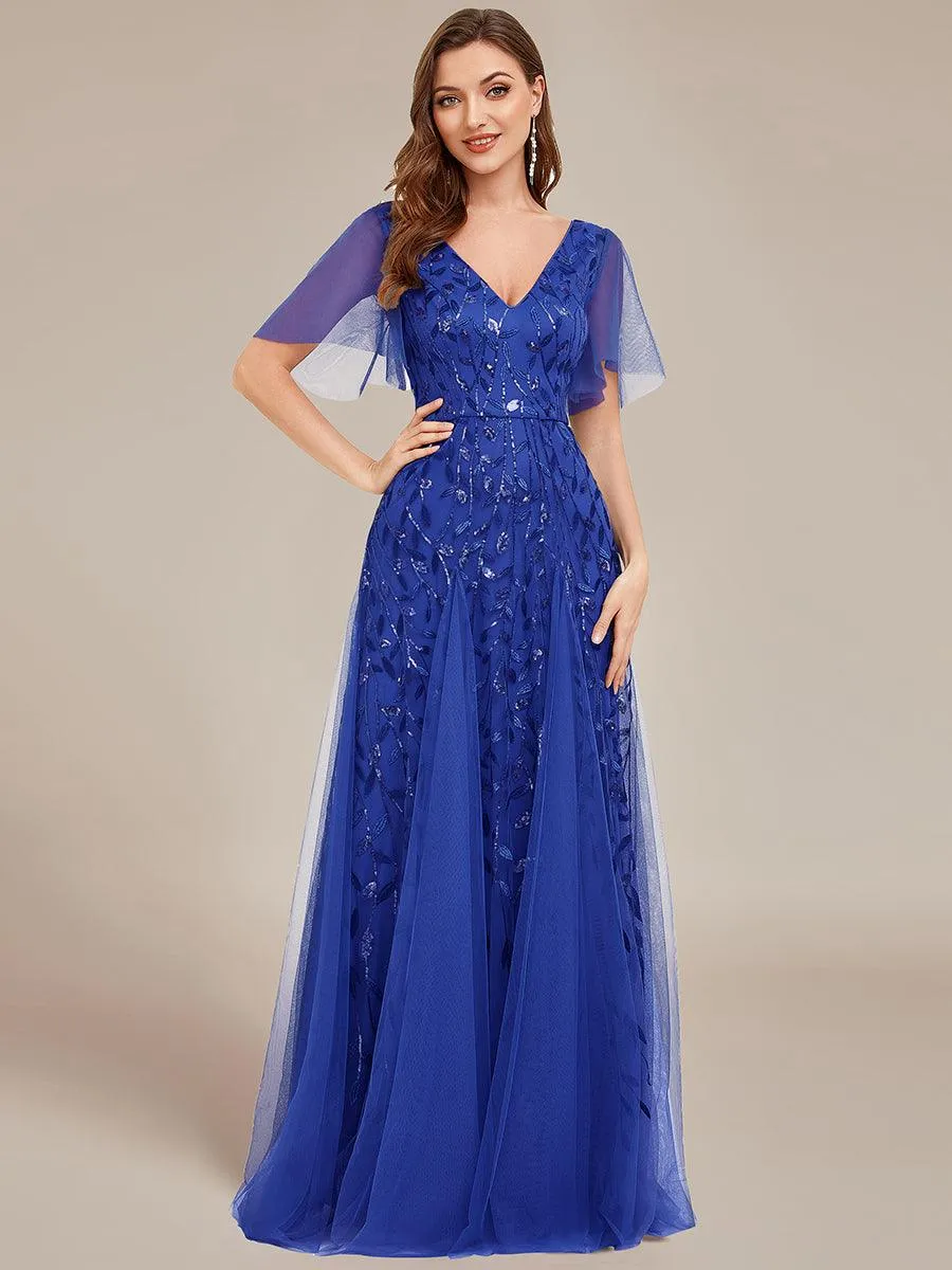 Robe de Soirée Longue Romantique et Scintillante à Col V et Pailletes