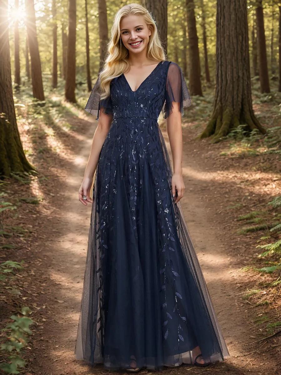 Robe de Soirée Longue Romantique et Scintillante à Col V et Pailletes