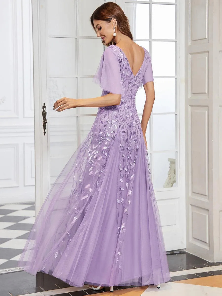Robe de Soirée Longue Romantique et Scintillante à Col V et Pailletes