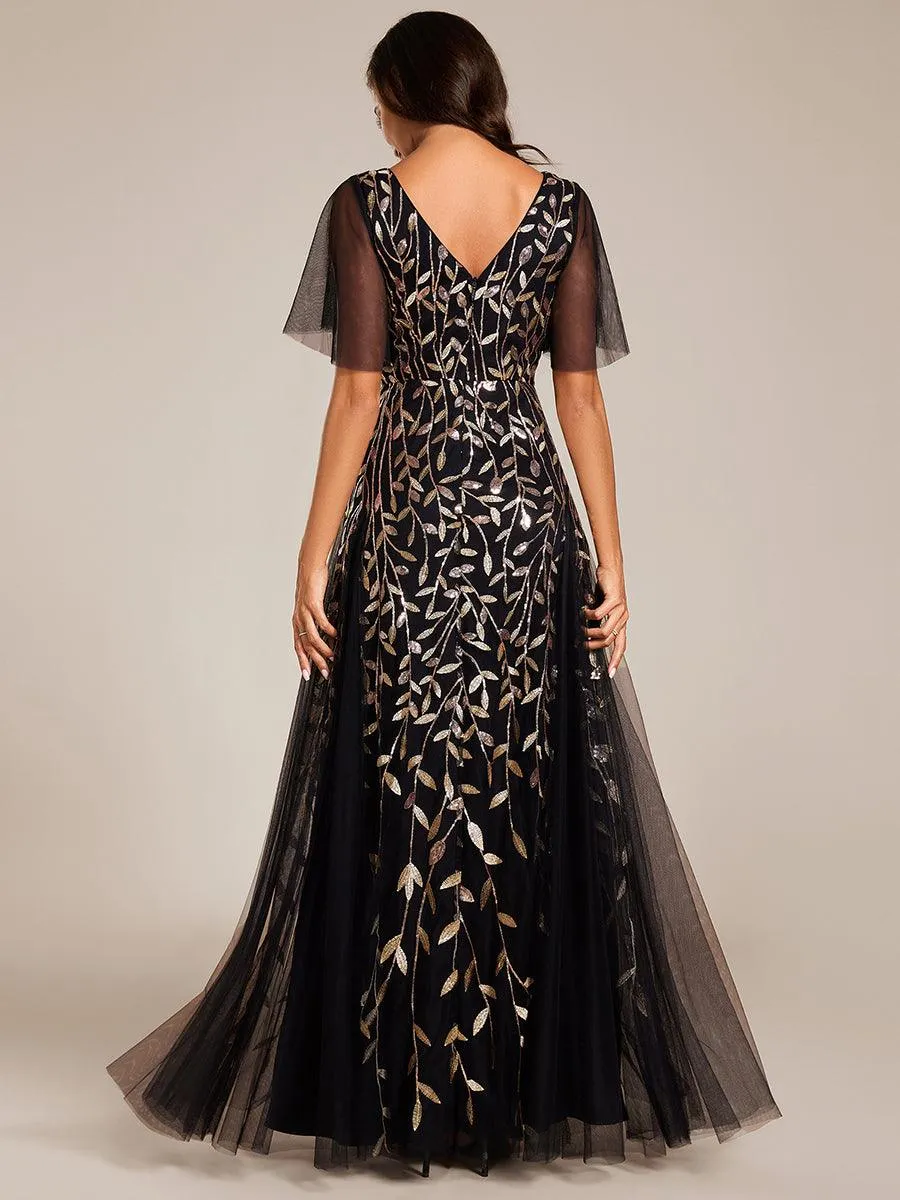 Robe de Soirée Longue Romantique et Scintillante à Col V et Pailletes