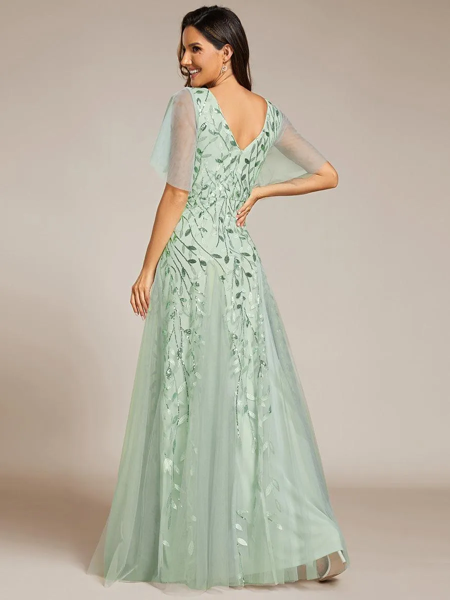 Robe de Soirée Longue Romantique et Scintillante à Col V et Pailletes