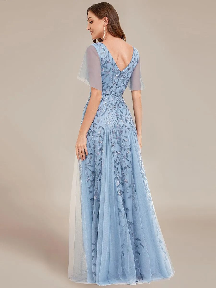 Robe de Soirée Longue Romantique et Scintillante à Col V et Pailletes