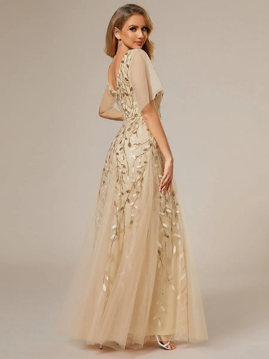 Robe de Soirée Longue Romantique et Scintillante à Col V et Pailletes