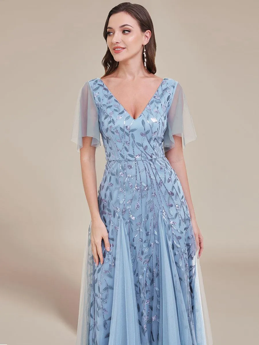 Robe de Soirée Longue Romantique et Scintillante à Col V et Pailletes