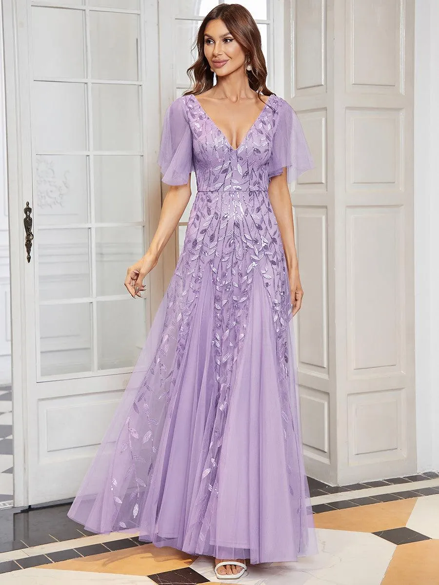 Robe de Soirée Longue Romantique et Scintillante à Col V et Pailletes