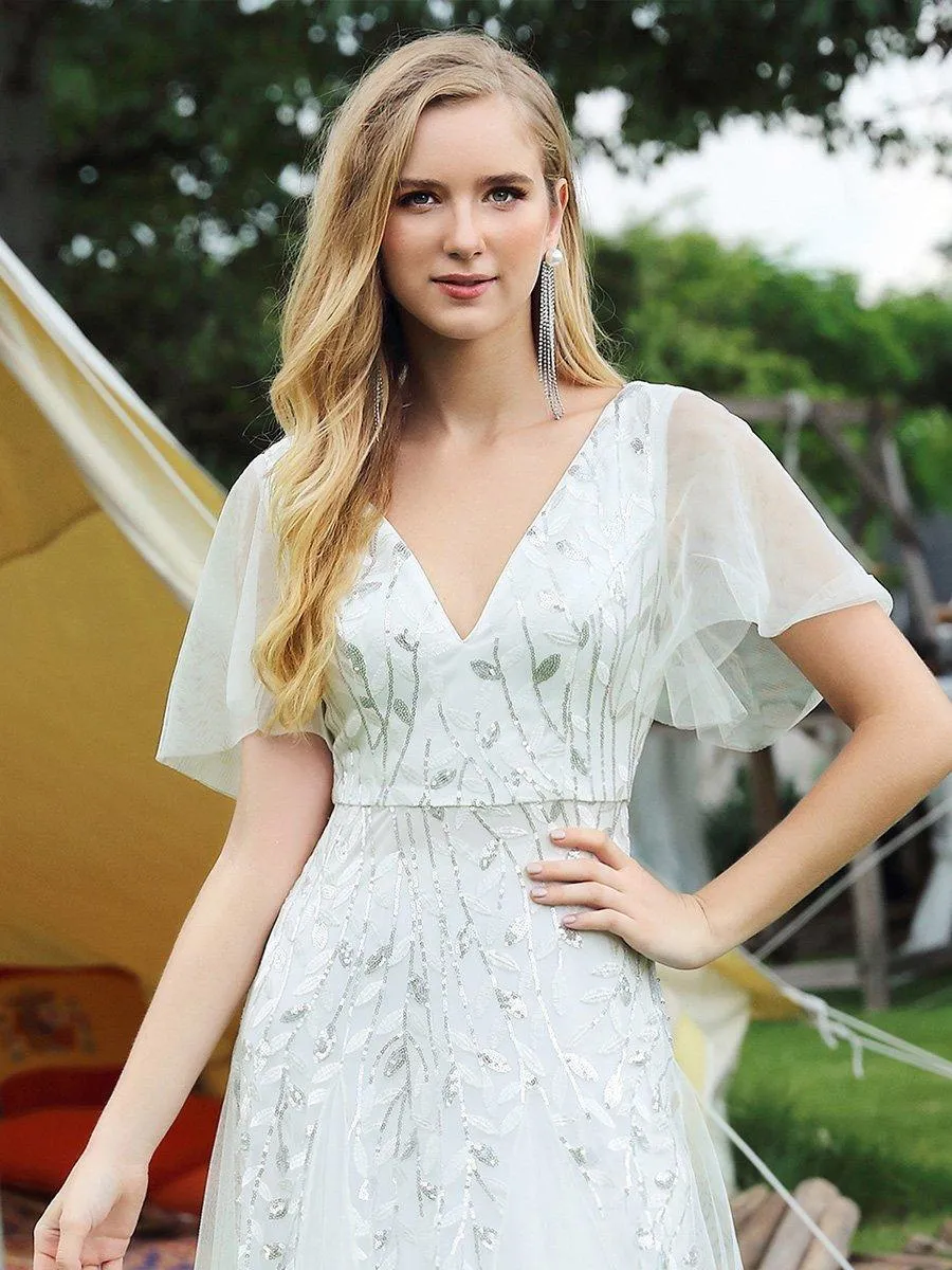 Robe de Soirée Longue Romantique et Scintillante à Col V et Pailletes