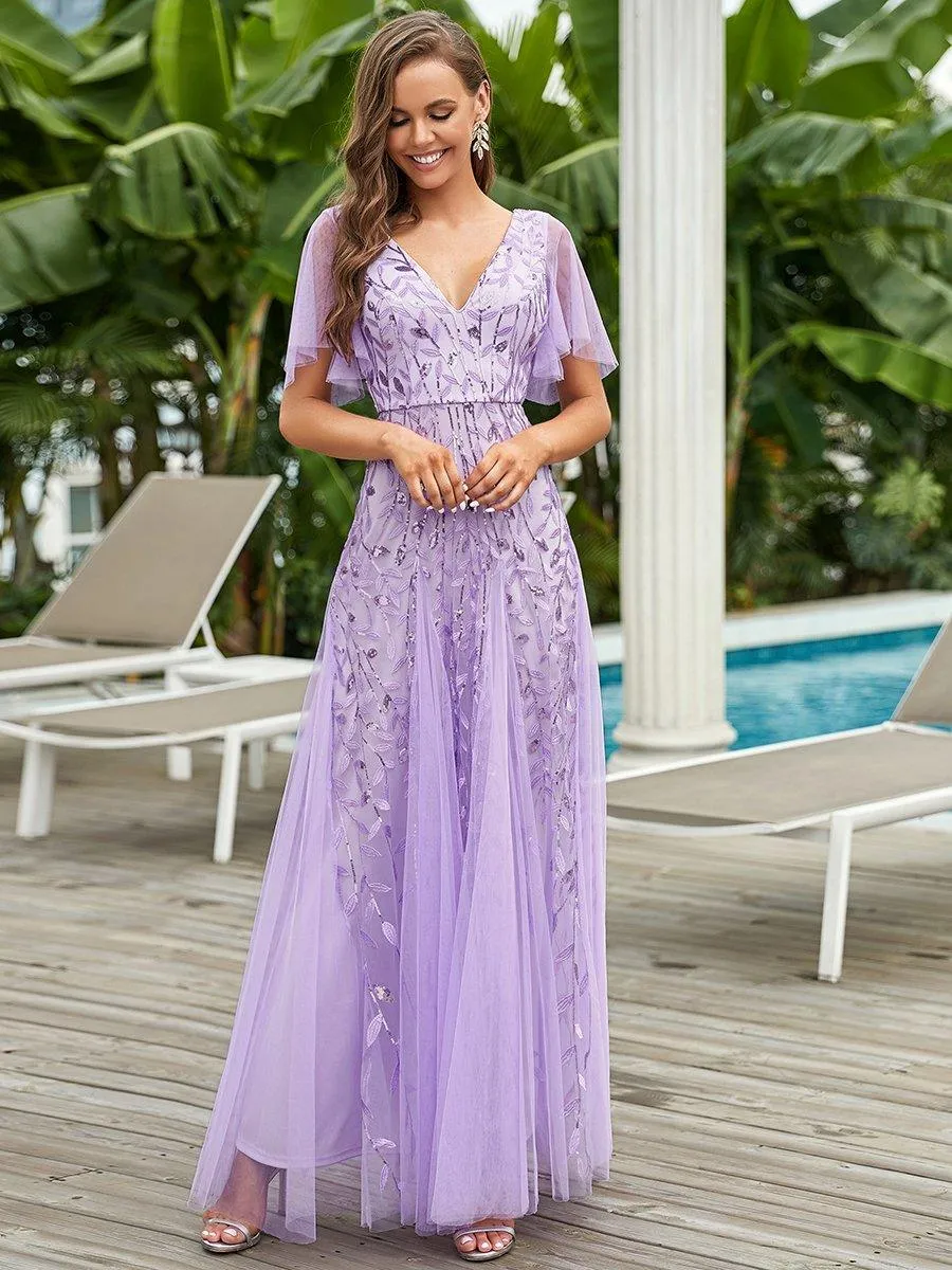 Robe de Soirée Longue Romantique et Scintillante à Col V et Pailletes