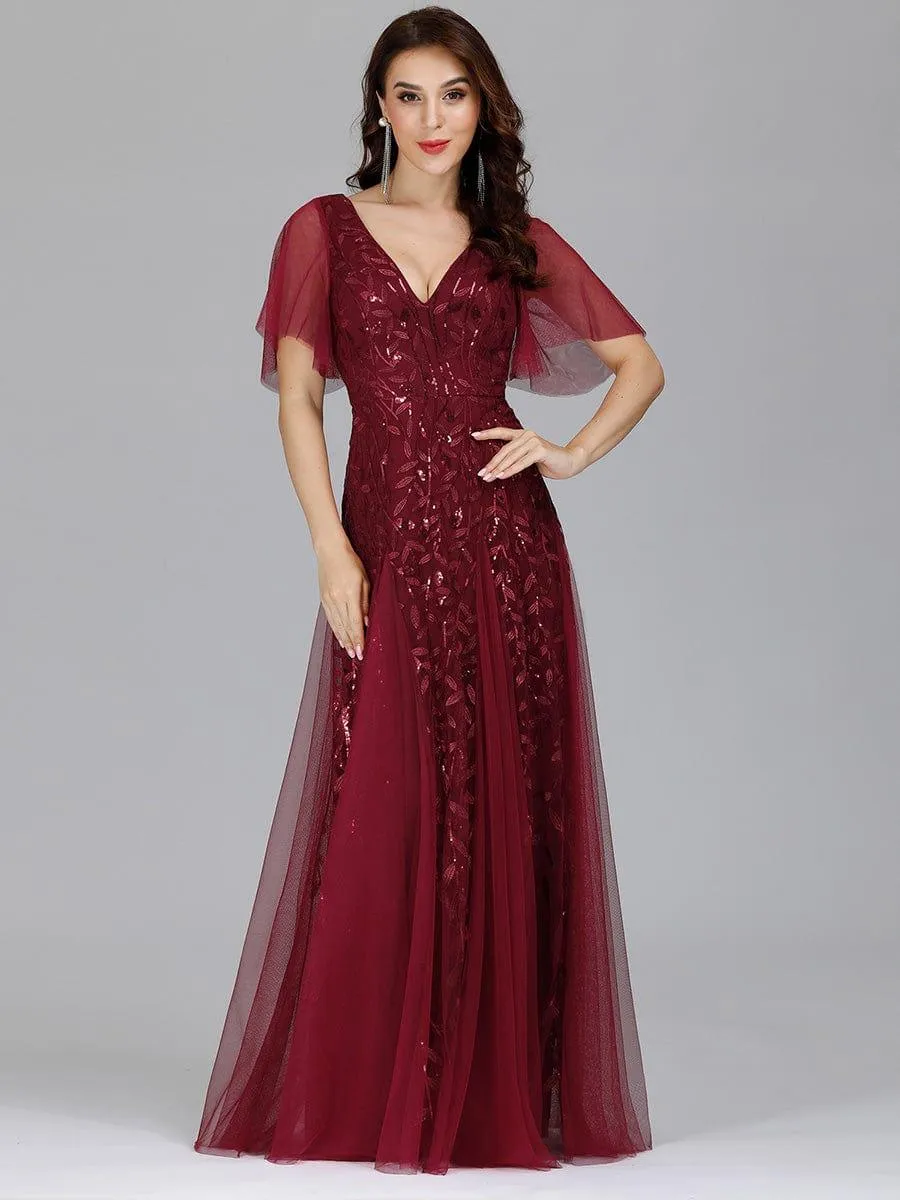 Robe de Soirée Longue Romantique et Scintillante à Col V et Pailletes