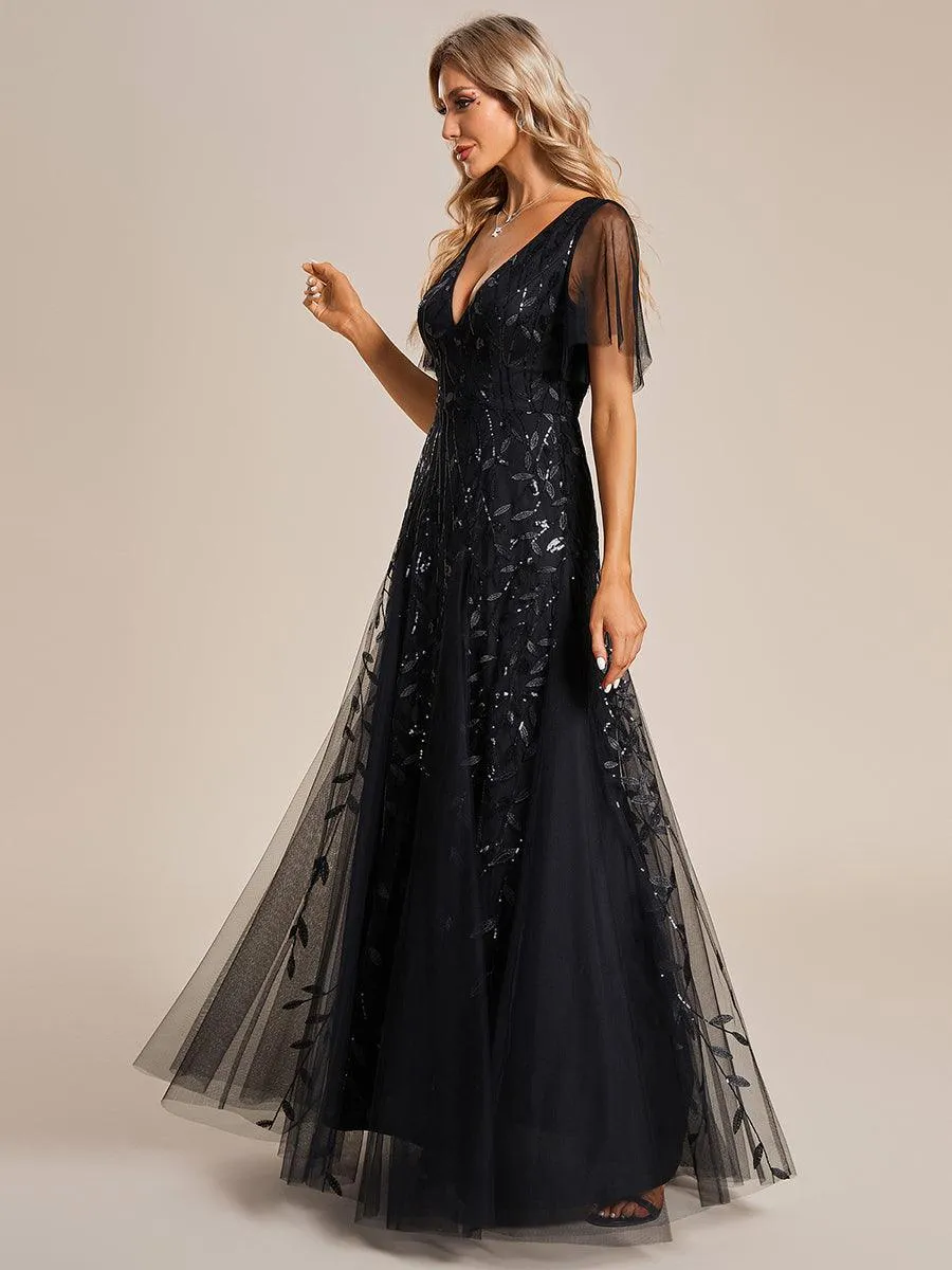 Robe de Soirée Longue Romantique et Scintillante à Col V et Pailletes