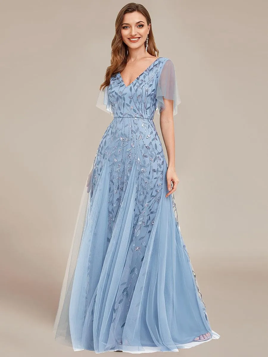 Robe de Soirée Longue Romantique et Scintillante à Col V et Pailletes