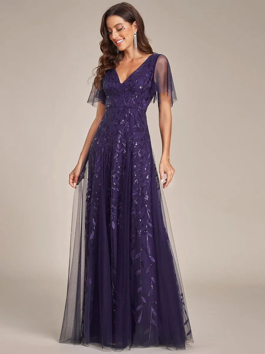 Robe de Soirée Longue Romantique et Scintillante à Col V et Pailletes