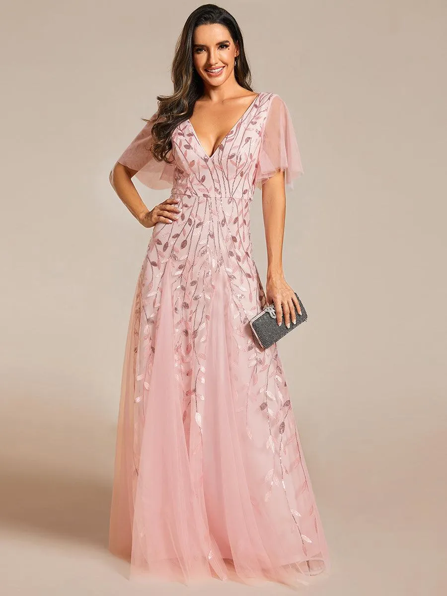 Robe de Soirée Longue Romantique et Scintillante à Col V et Pailletes
