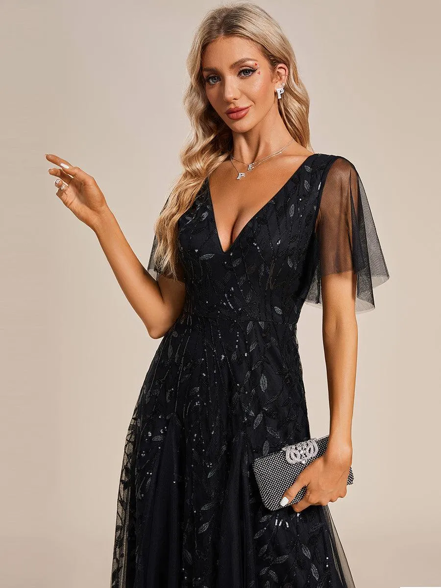 Robe de Soirée Longue Romantique et Scintillante à Col V et Pailletes