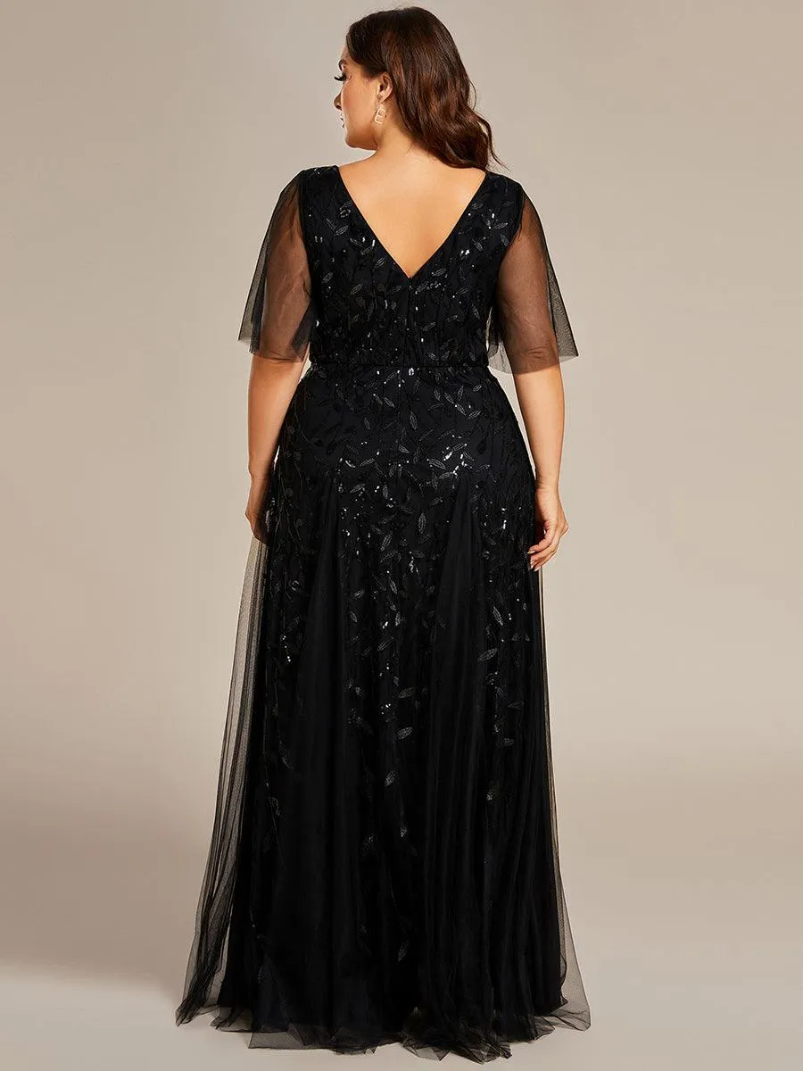 Robe de Soirée Longue Romantique et Scintillante à Col V et Pailletes