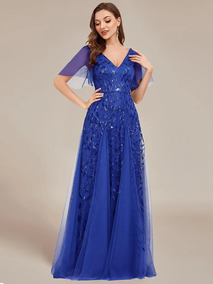Robe de Soirée Longue Romantique et Scintillante à Col V et Pailletes