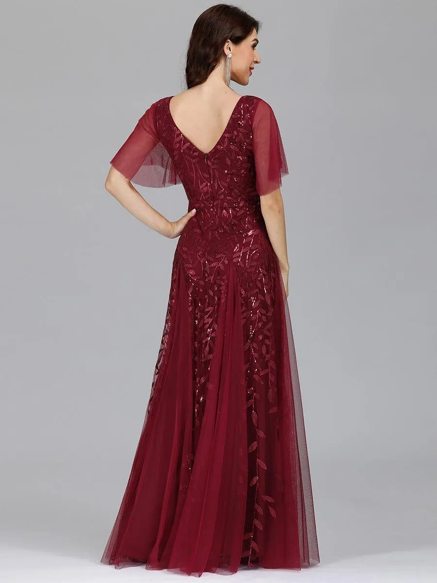 Robe de Soirée Longue Romantique et Scintillante à Col V et Pailletes