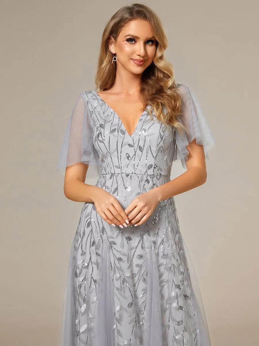 Robe de Soirée Longue Romantique et Scintillante à Col V et Pailletes