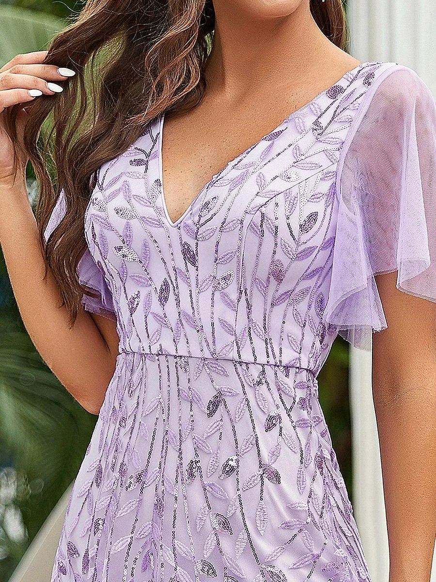Robe de Soirée Longue Romantique et Scintillante à Col V et Pailletes