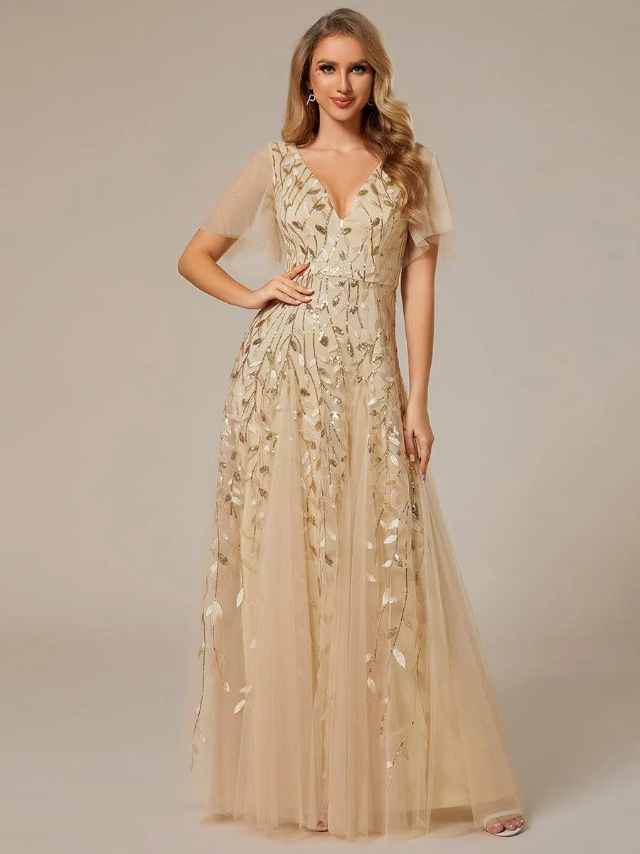 Robe de Soirée Longue Romantique et Scintillante à Col V et Pailletes