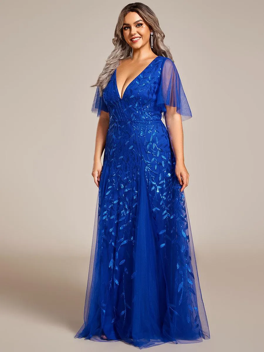Robe de Soirée Longue Romantique et Scintillante à Col V et Pailletes