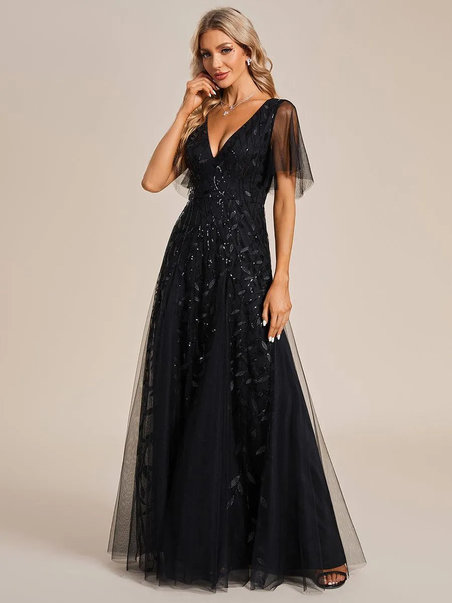 Robe de Soirée Longue Romantique et Scintillante à Col V et Pailletes