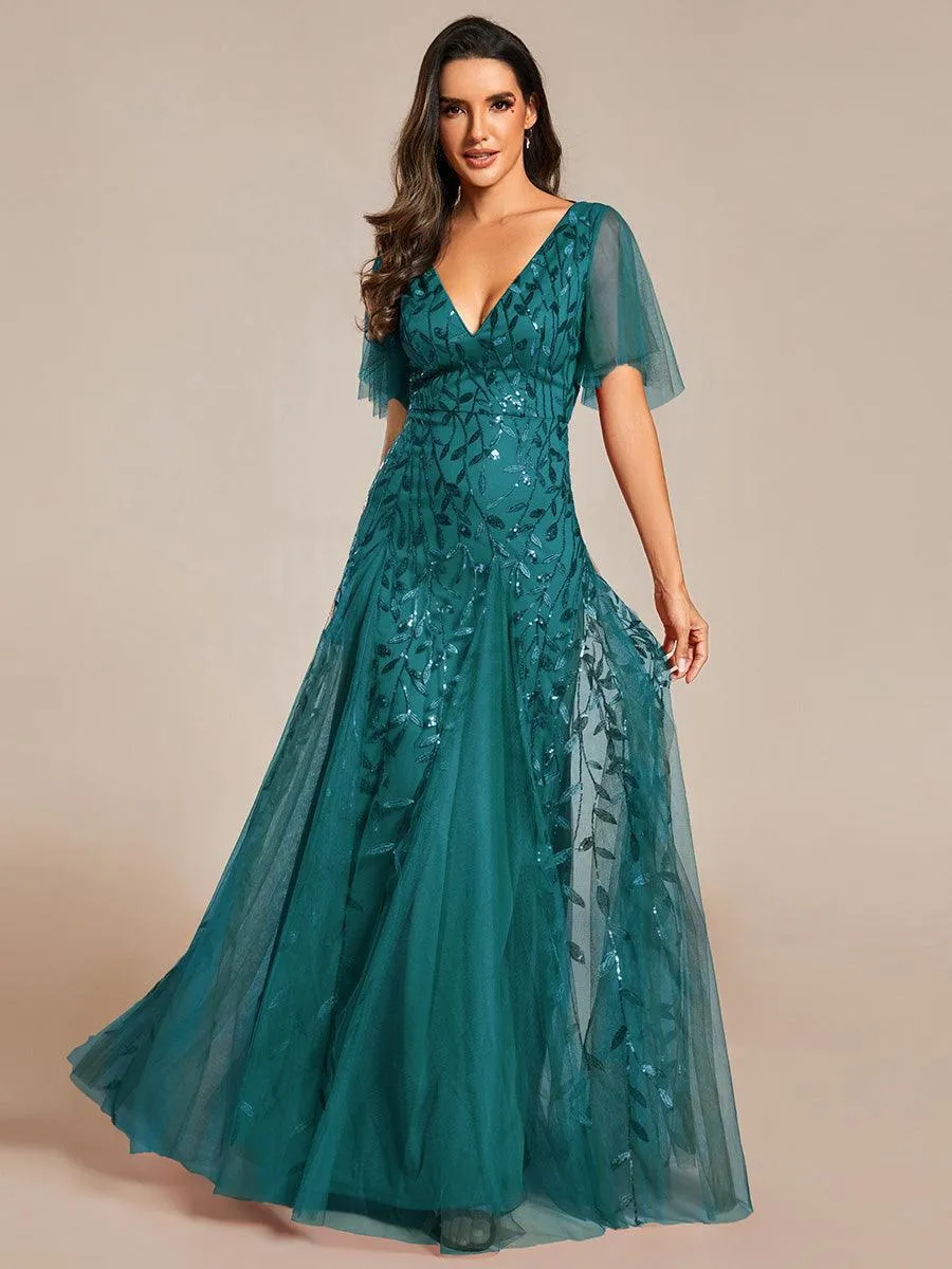 Robe de Soirée Longue Romantique et Scintillante à Col V et Pailletes