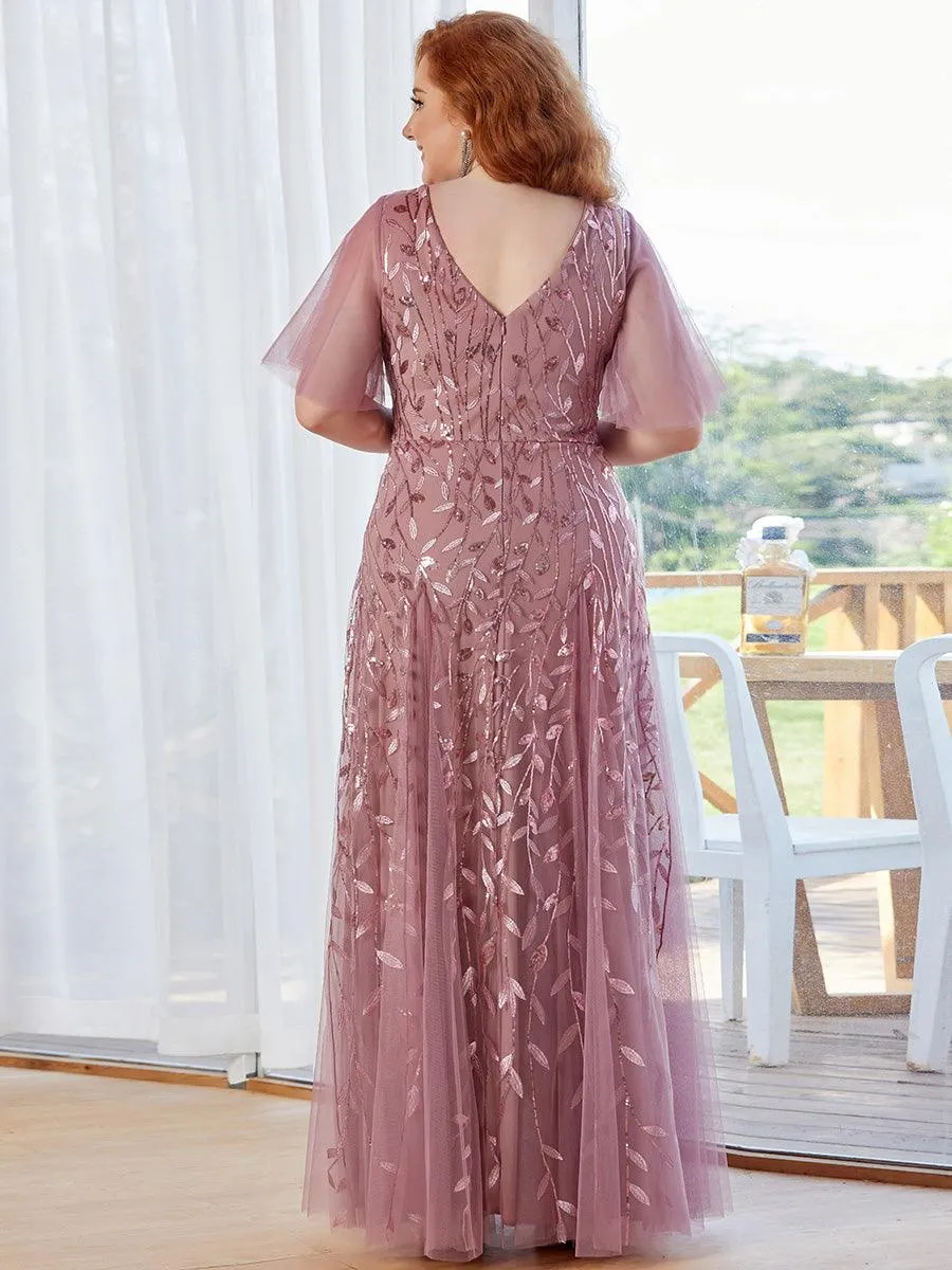 Robe de Soirée Longue Romantique et Scintillante à Col V et Pailletes