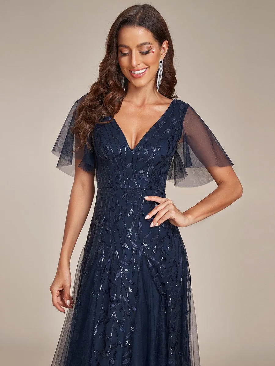 Robe de Soirée Longue Romantique et Scintillante à Col V et Pailletes
