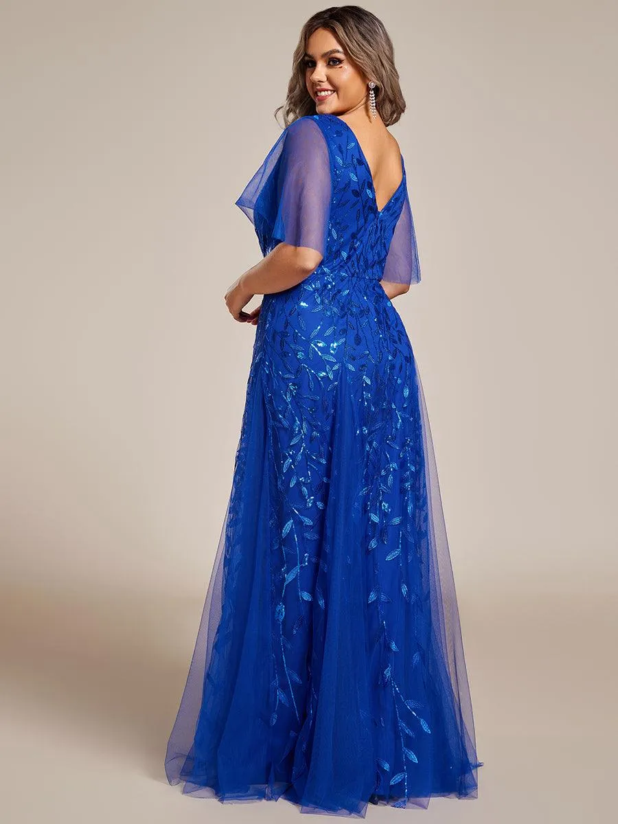 Robe de Soirée Longue Romantique et Scintillante à Col V et Pailletes