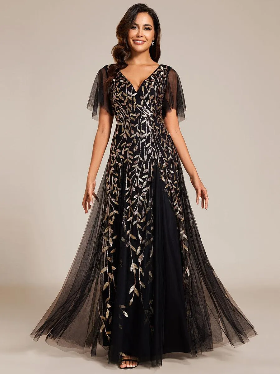 Robe de Soirée Longue Romantique et Scintillante à Col V et Pailletes