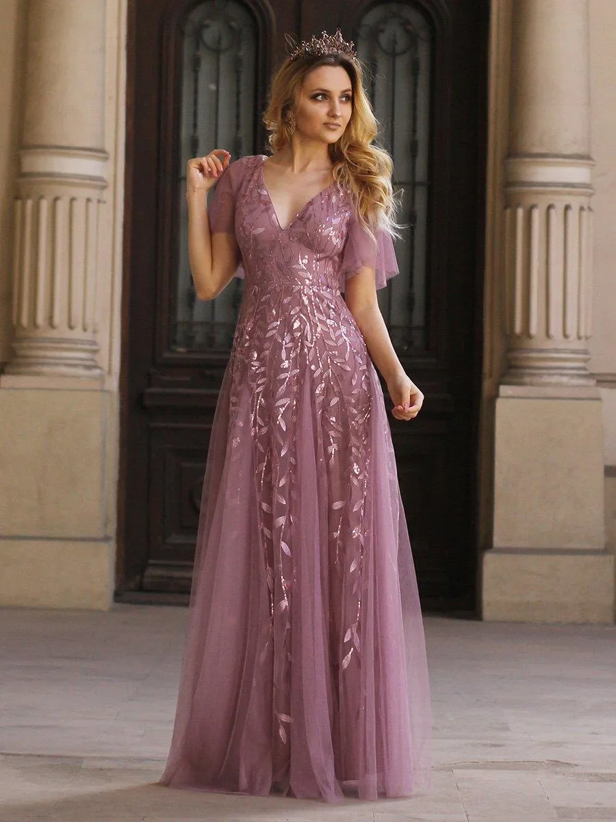 Robe de Soirée Longue Romantique et Scintillante à Col V et Pailletes