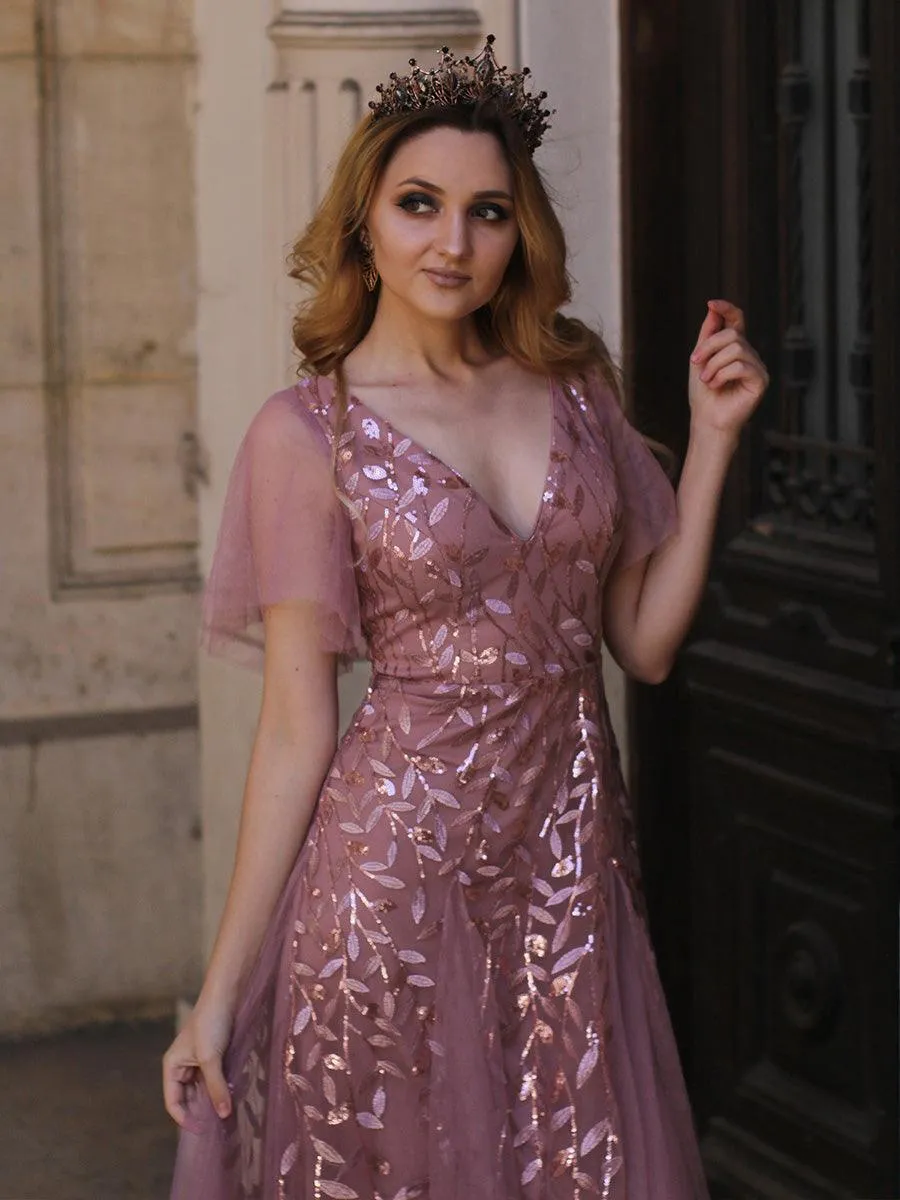 Robe de Soirée Longue Romantique et Scintillante à Col V et Pailletes