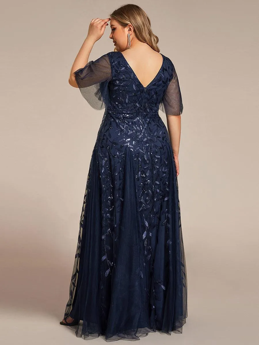Robe de Soirée Longue Romantique et Scintillante à Col V et Pailletes