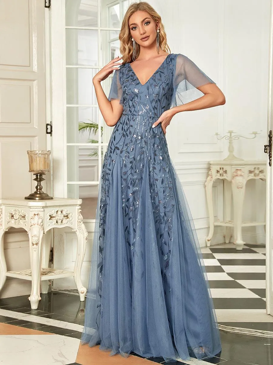 Robe de Soirée Longue Romantique et Scintillante à Col V et Pailletes