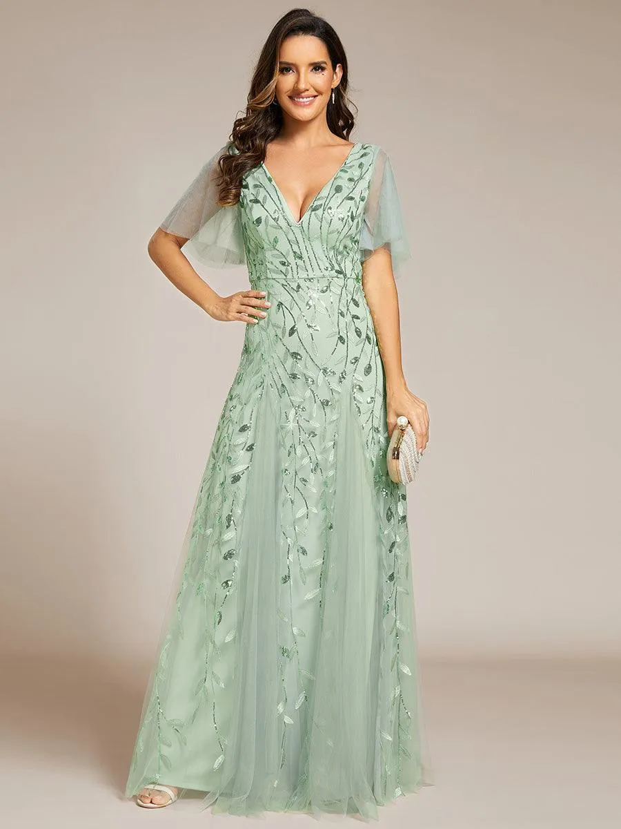 Robe de Soirée Longue Romantique et Scintillante à Col V et Pailletes