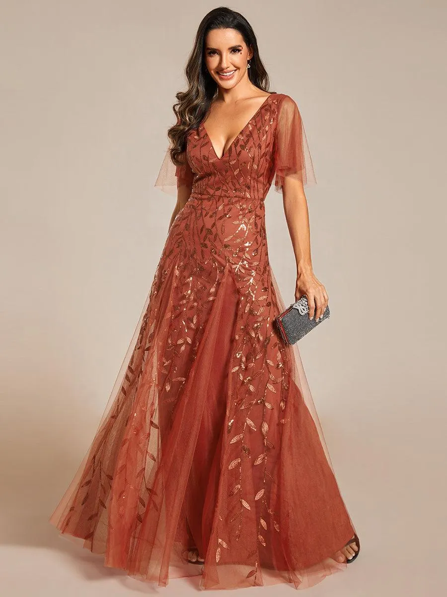 Robe de Soirée Longue Romantique et Scintillante à Col V et Pailletes
