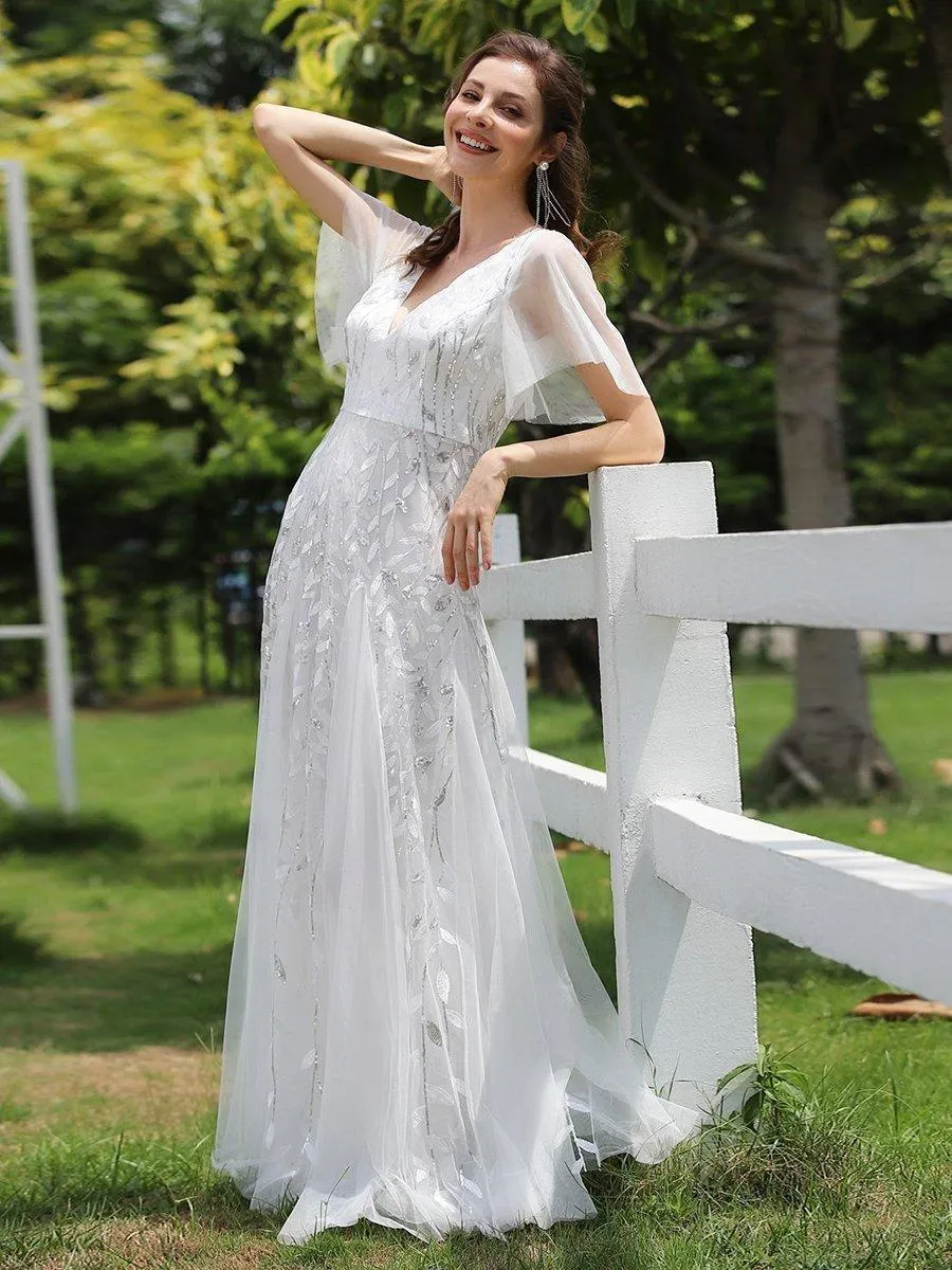 Robe de Soirée Longue Romantique et Scintillante à Col V et Pailletes