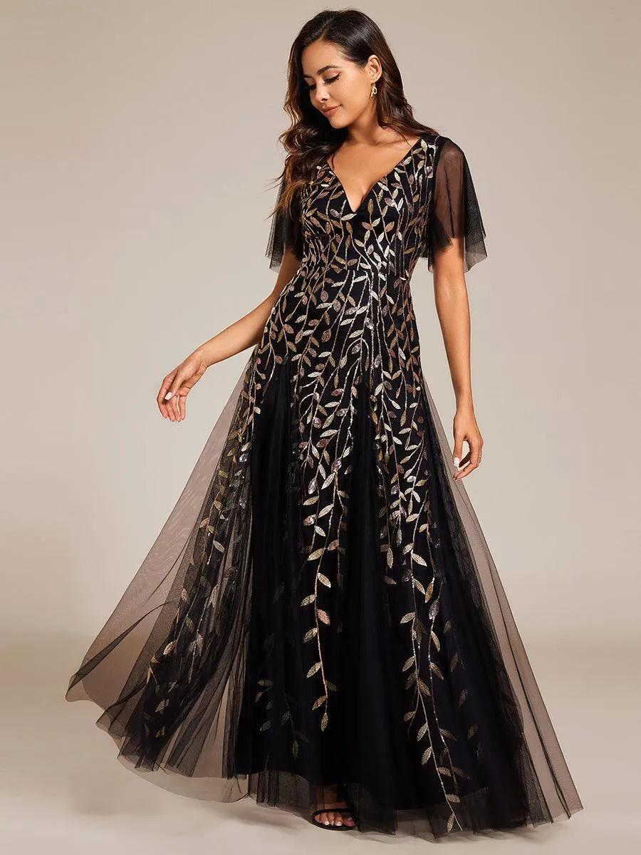 Robe de Soirée Longue Romantique et Scintillante à Col V et Pailletes