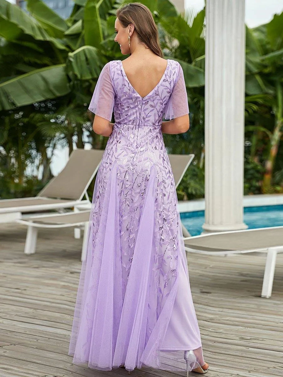 Robe de Soirée Longue Romantique et Scintillante à Col V et Pailletes