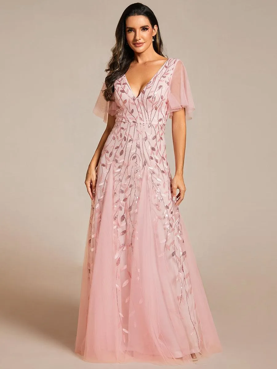 Robe de Soirée Longue Romantique et Scintillante à Col V et Pailletes
