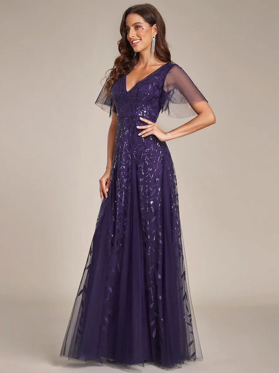 Robe de Soirée Longue Romantique et Scintillante à Col V et Pailletes