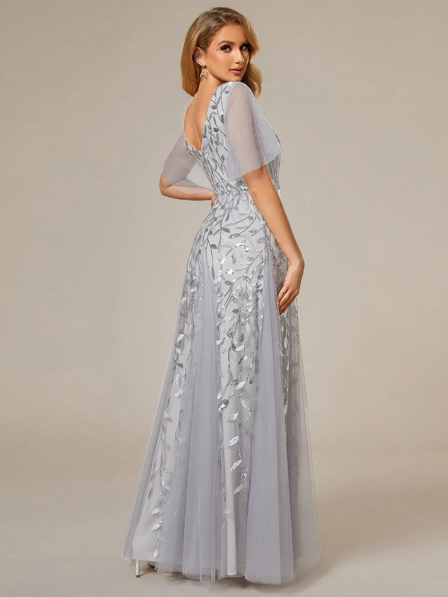 Robe de Soirée Longue Romantique et Scintillante à Col V et Pailletes