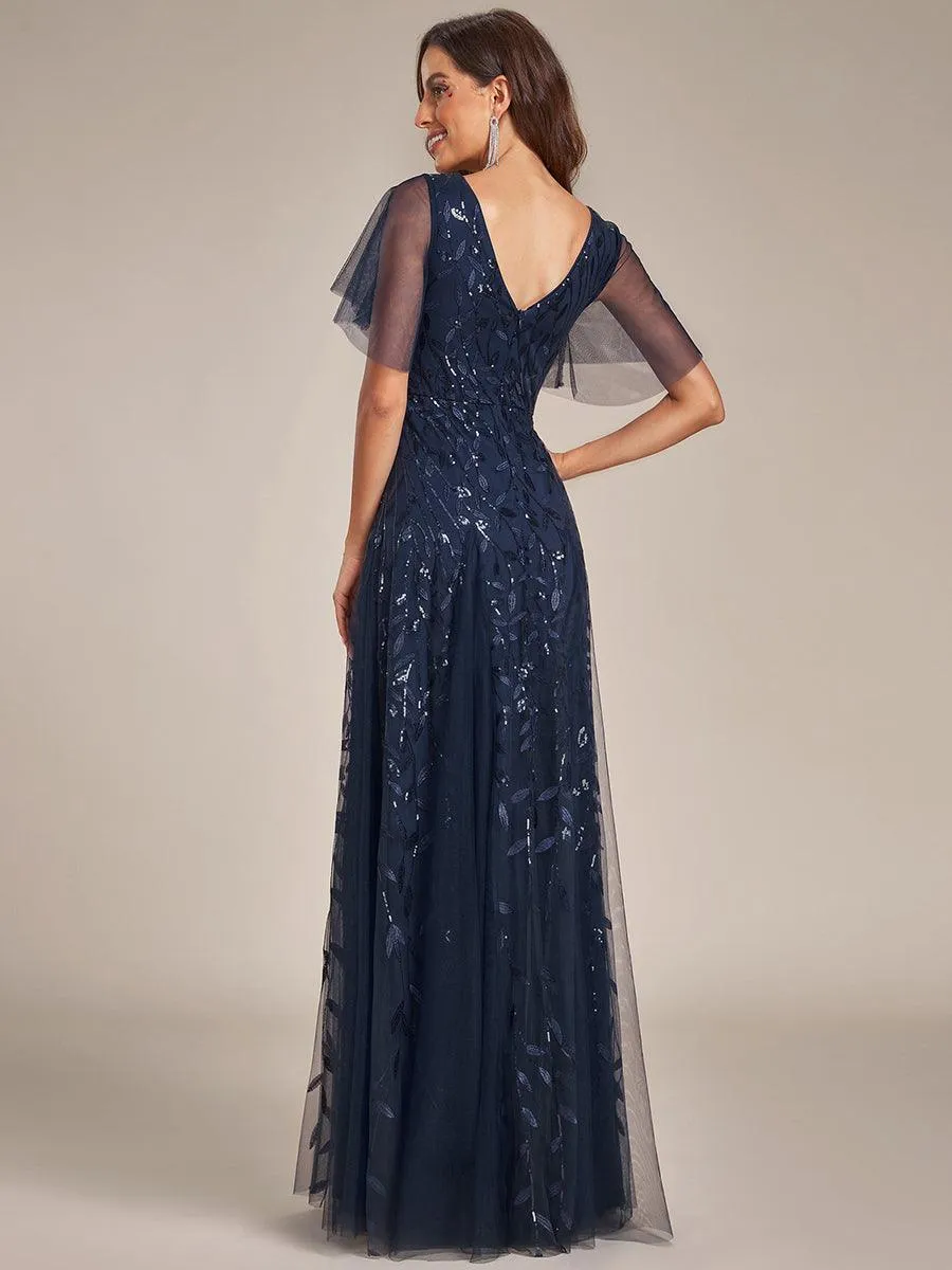 Robe de Soirée Longue Romantique et Scintillante à Col V et Pailletes