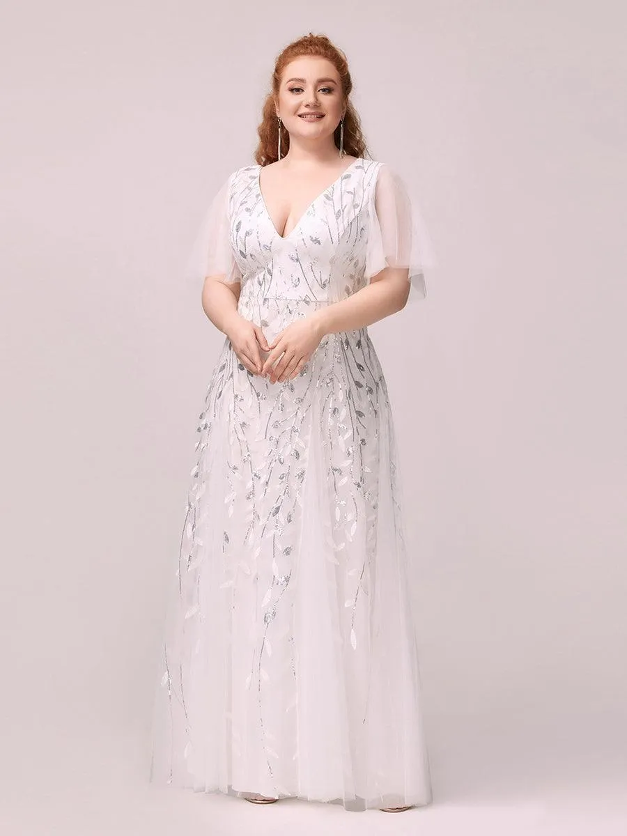 Robe de Soirée Longue Romantique et Scintillante à Col V et Pailletes