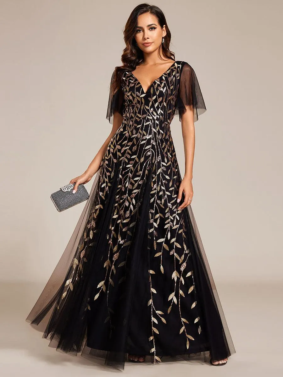 Robe de Soirée Longue Romantique et Scintillante à Col V et Pailletes