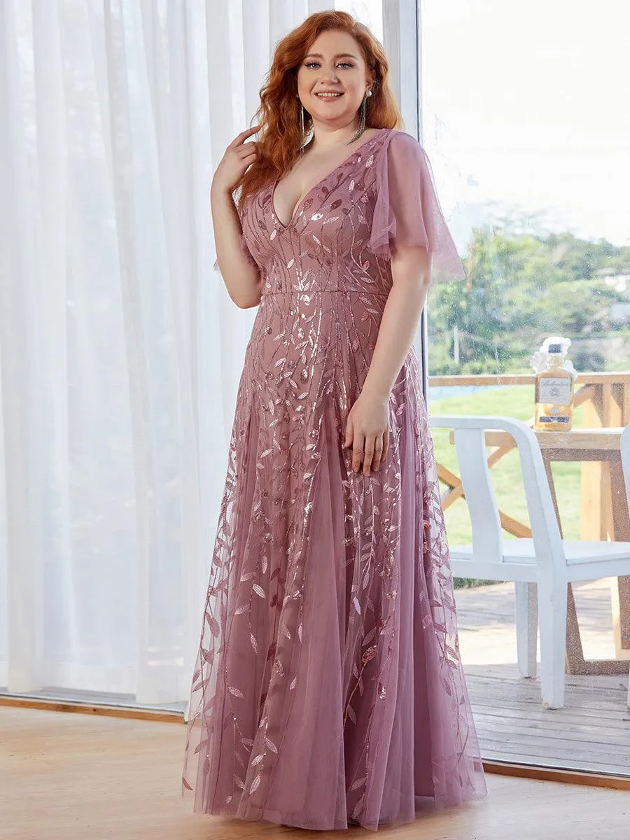 Robe de Soirée Longue Romantique et Scintillante à Col V et Pailletes