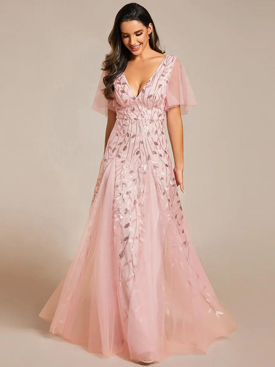 Robe de Soirée Longue Romantique et Scintillante à Col V et Pailletes