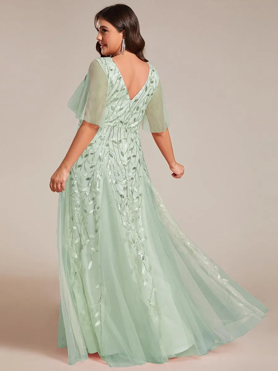 Robe de Soirée Longue Romantique et Scintillante à Col V et Pailletes