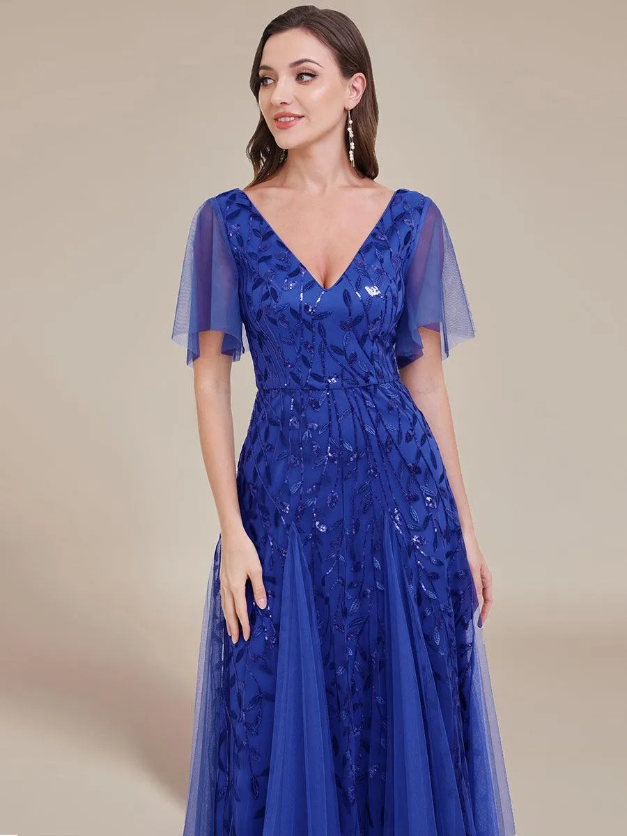 Robe de Soirée Longue Romantique et Scintillante à Col V et Pailletes